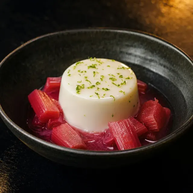 Illustrative coconut panna cotta with kaffir lime and rhubarb