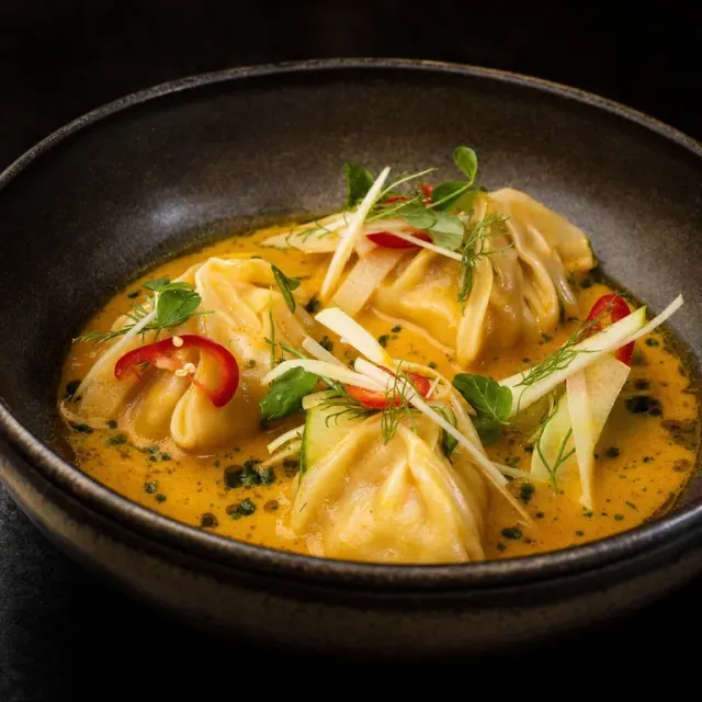 Illustrative smoked haddock dumplings in golden laksa broth