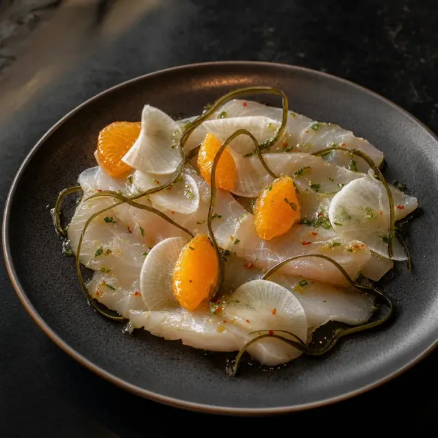 Illustrative kombu-cured halibut with daikon and clementine