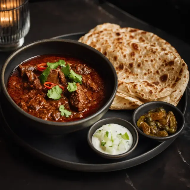 Illustrative lamb and mutton Xacuti curry with paratha