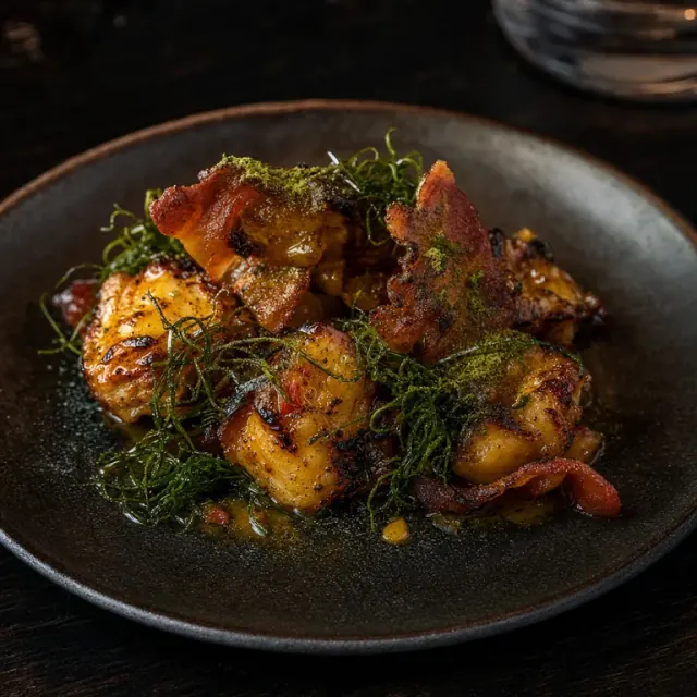 Illustrative barbecued monkfish cheek with passionfruit and seaweed