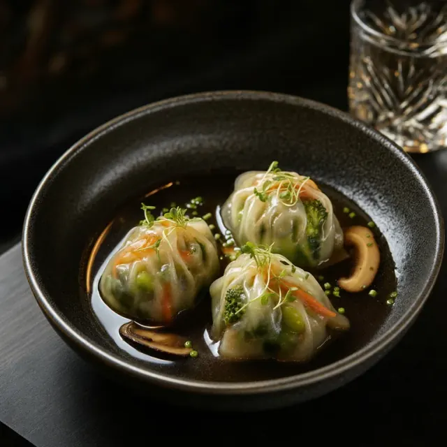 Illustrative vegetable dumplings in shiitake broth